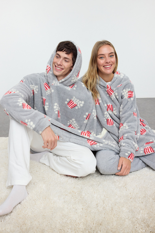 Unisex Couple/Çift Gri Baskılı Wellsoft Kışlık Örme Sabahlık THMAW25SB00014 - 4
