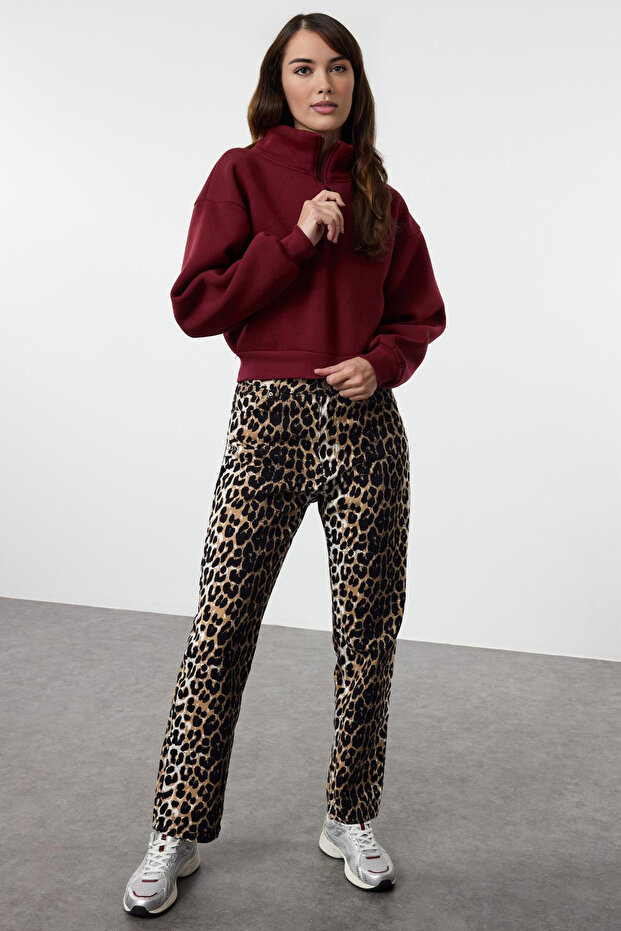 Bordo Rahat Kesim Crop Fermuarlı Dik Yaka Kalın İçi Polarlı Örme Sweatshirt TWOAW24SW00221 - 2