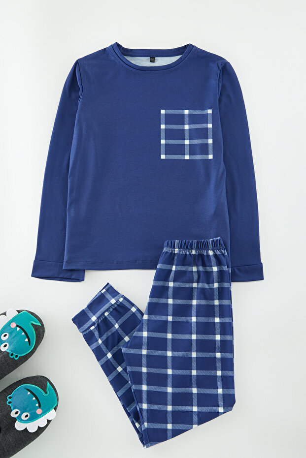 Lacivert Erkek Çocuk Ekose / Kareli Örme Pijama Set Alt-Üst Takım TKDAW25AU00113 - 2