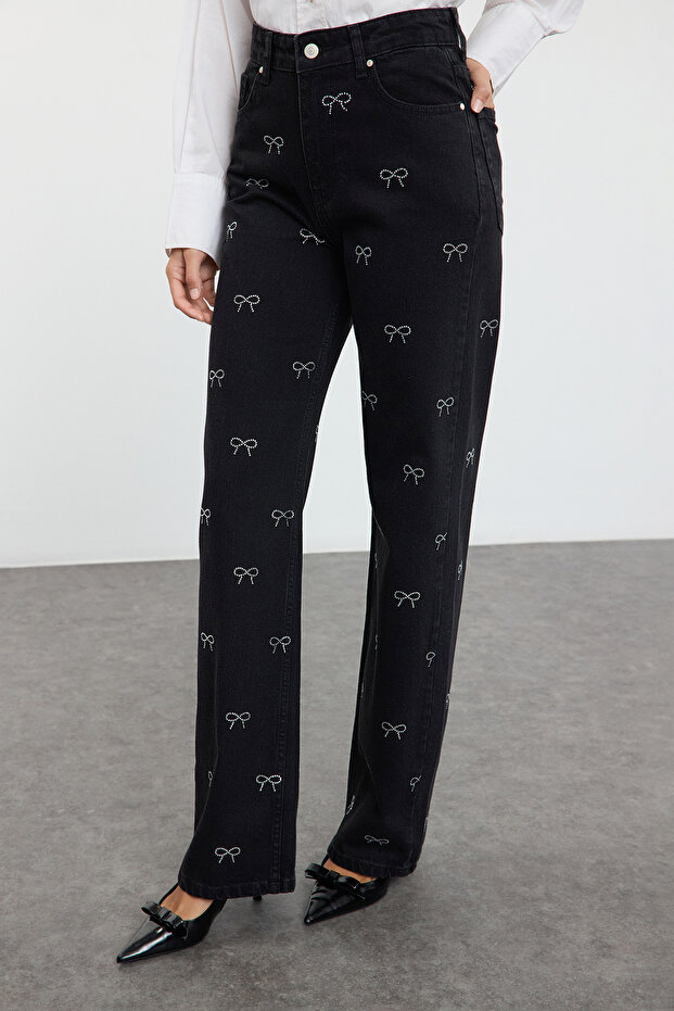 Siyah Fiyonk/Kurdele Detaylı Taşlı Yüksek Bel Wide Leg Jeans TWOAW25JE00325 - 1