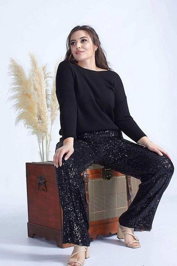 4024 Siyah Payetli Büyük Beden Pantolon - 4