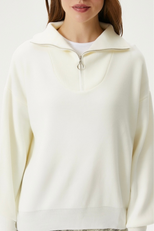 Kadın Bruno Basic Fermuarlı Krem Kazak - 6