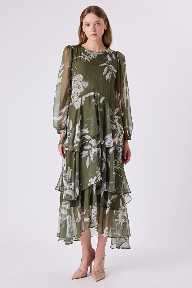 Kat detaylı şifon elbise - 1