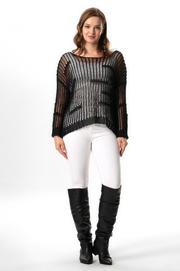Long Sleeve Zübeyde Autumn and Winter Openwork Knitwear Blouse Black Syh