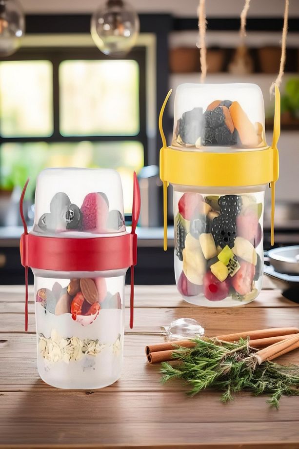 2 ADET Diyet & Kahvaltı için Çatal & Kaşıklı Kapaklı Yoğurt Müsli Salata Meyve Saklama Kabı - 1100ml - 4