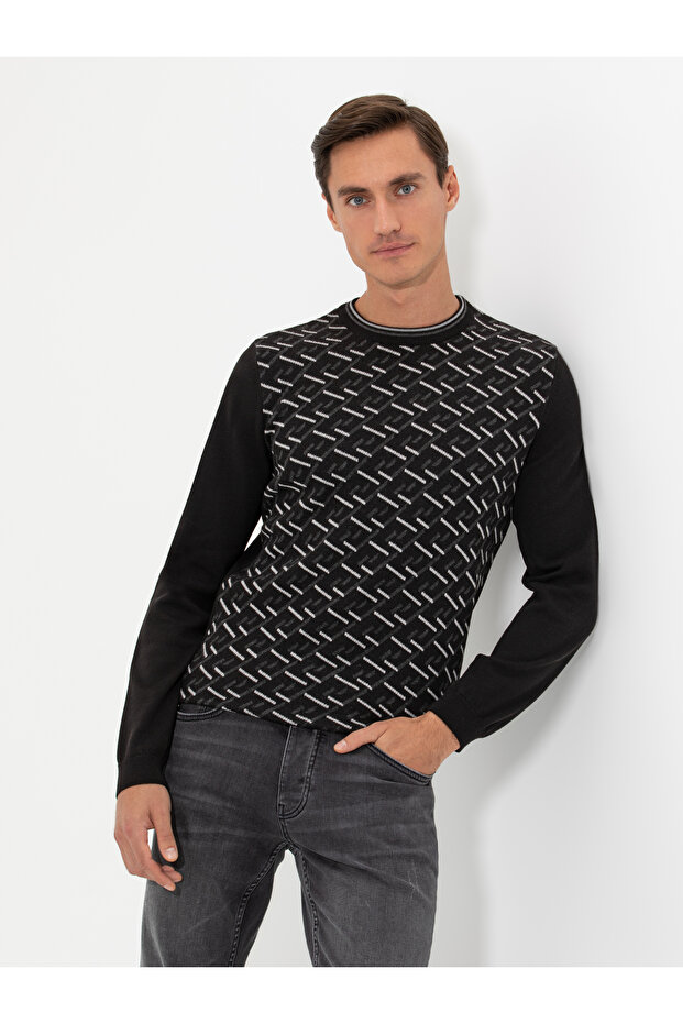 Black Slim Fit Cotton Blend Crew Neck Knitwear Sweater 50258882-Vr046