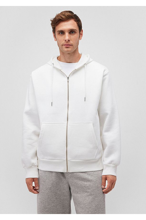 Kapüşonlu Fermuarlı Beyaz Basic Sweatshirt 0s10277-70057 - 3