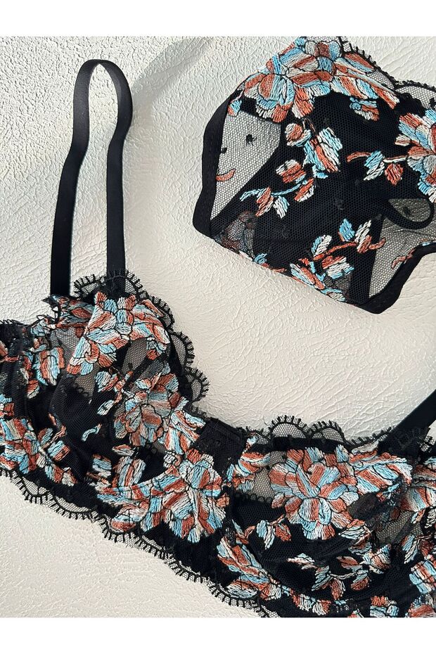 Patterned Embroidery Bra Set - 6