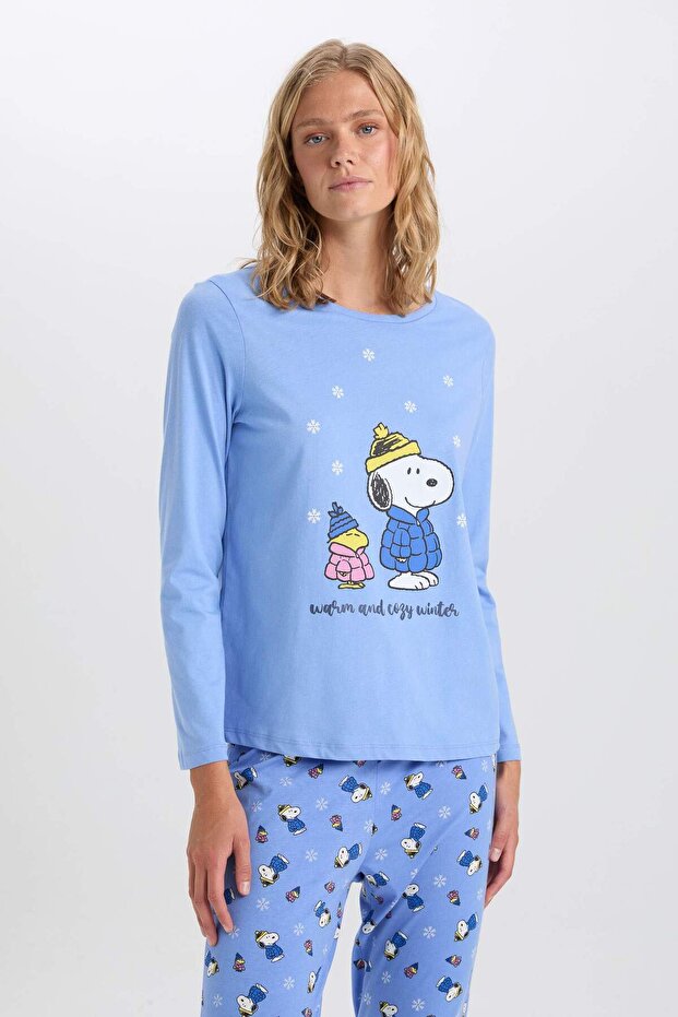 DFC - Kadın Fall in Love Snoopy Regular Fit Bisiklet Yaka Uzun Kollu Üst Alt Pijama Takımı - 4
