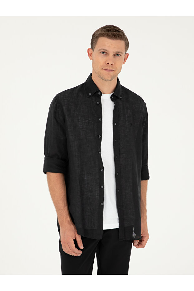 Black Slim Fit 100% Linen Shirt 50284823-Vr046