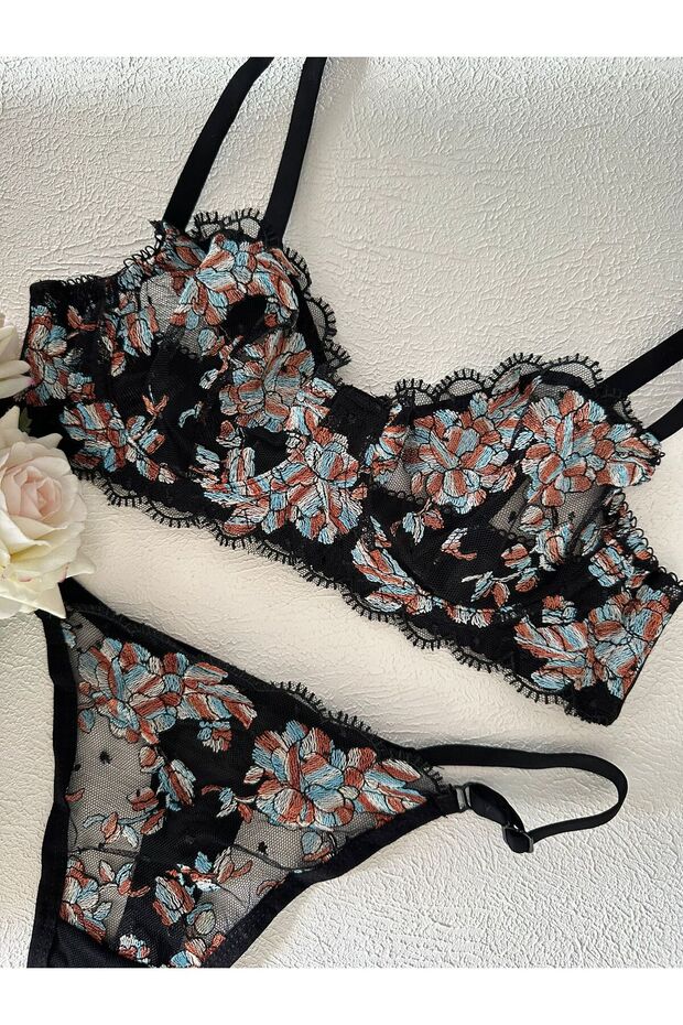Patterned Embroidery Bra Set - 2