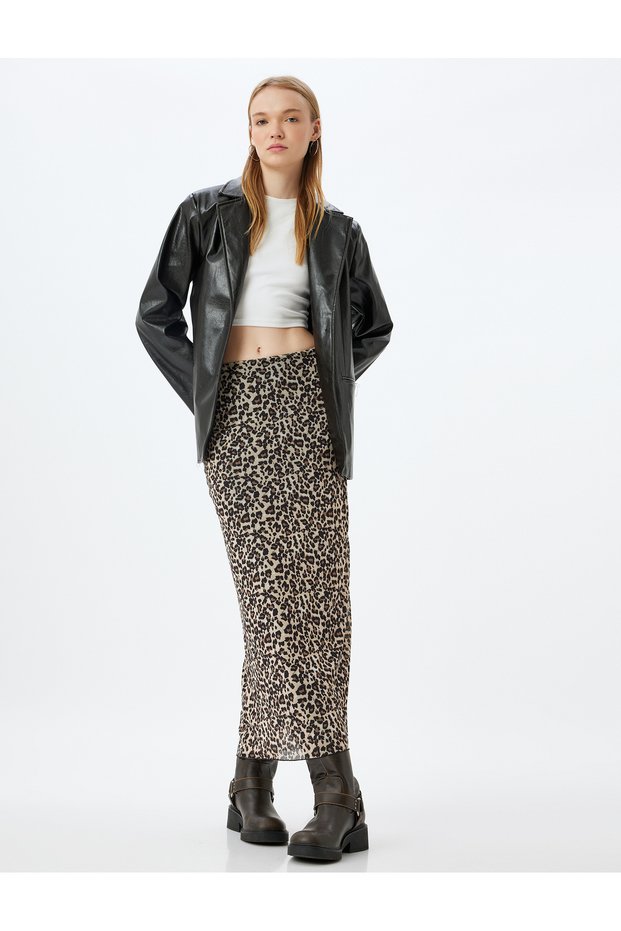 Leopard Pencil Skirt Tulle Midi Length Elastic Waist