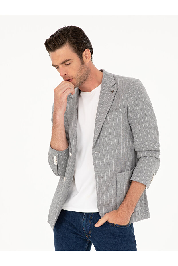 Light Gray Slim Fit Striped Wool Blended Jacket 50284497-Vr001