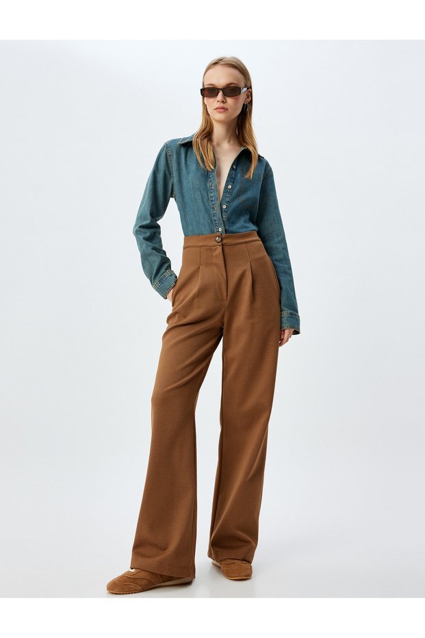 Wide Leg Trousers Pleated High Waist Buttoned Comfortable Fit