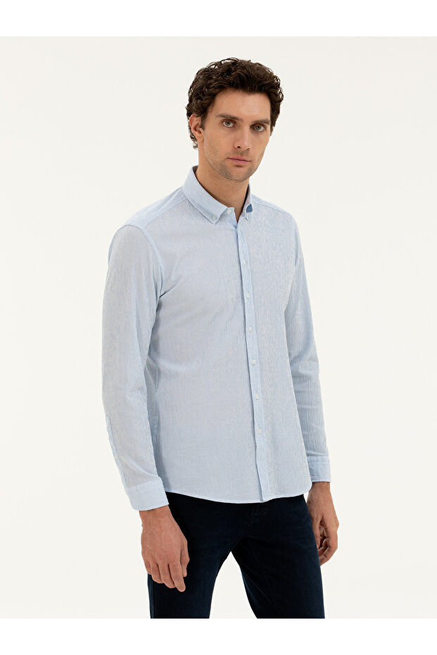 Blue Slim Fit Cotton Blended Striped Shirt 50284424-Vr036