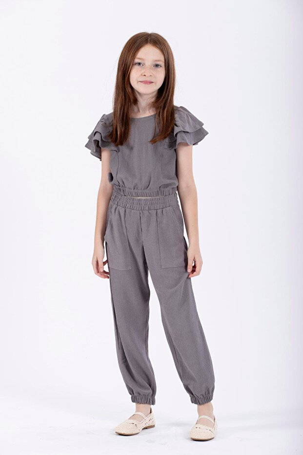 Crew Neck Paca Elastic Gray Color Girls' Two-Piece Set