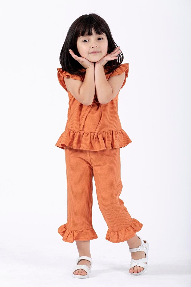 Crew Neck Short Sleeve Waffel Pacifier Frilly Double Set Brick Color Girl's Double Set