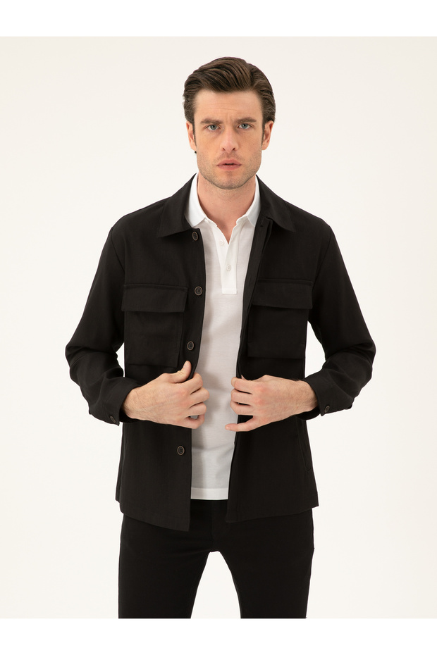 Black Slim Fit Linen Blend Jacket Shirt 50288993-VR046