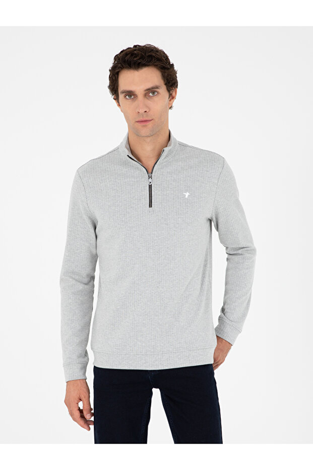 Gray Melange Regular Fit Cotton Blended Half Zipper Sweatshirt 50294015-Vr086