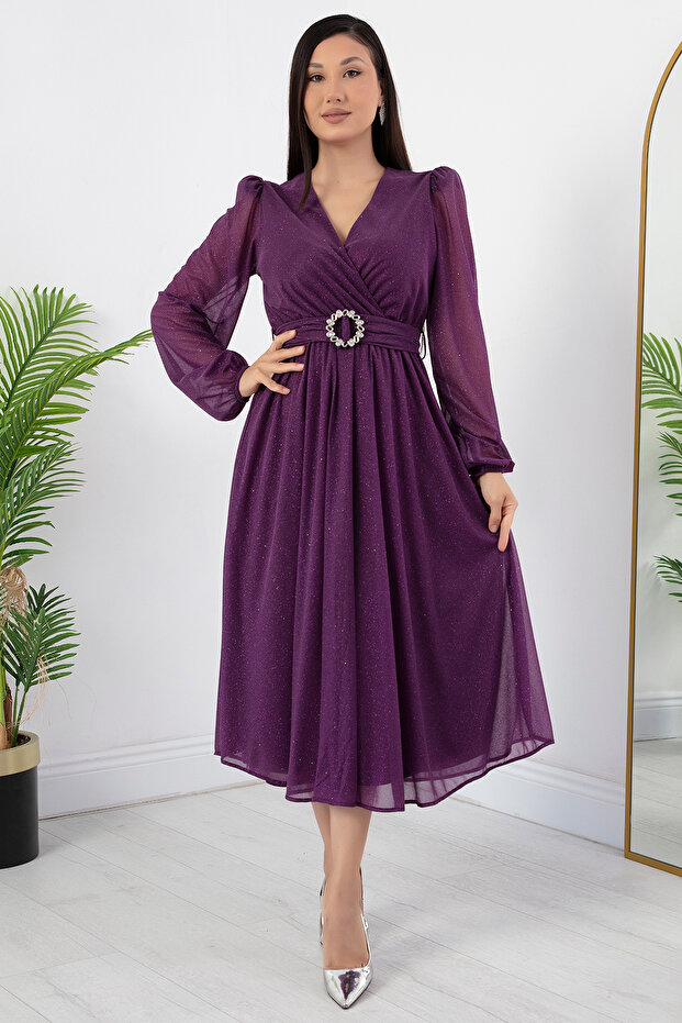 Kruze Yaka Simli Tül Elbise GRS3590 - 6