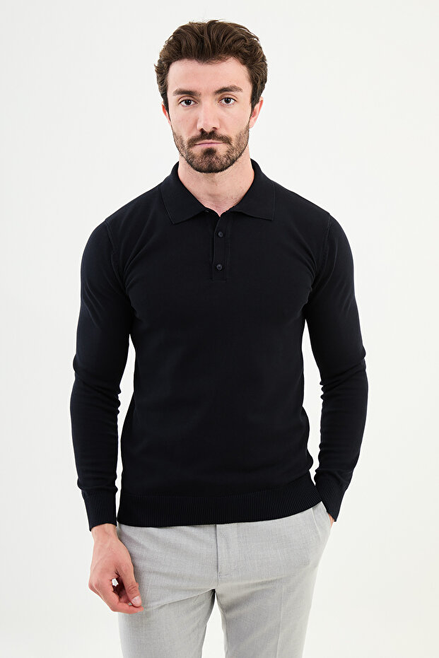 Plain Slim Fit Polo Neck Men's Knitwear Sweater Navy Blue - 11501.24K