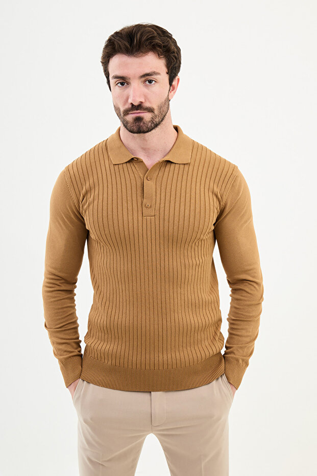 Striped Slim Fit Polo Neck Men's Knitwear Sweater Camel - 11505.24K