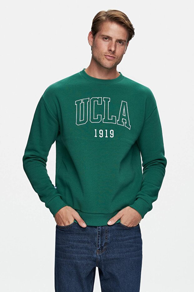 Sandhill Green Crew Neck Cotton Embroidered Loose Fit Men's Sweatshirt