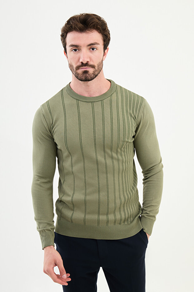 Striped Slim Fit Crew Neck Men's Knitwear Sweater Khaki - 11507.24K