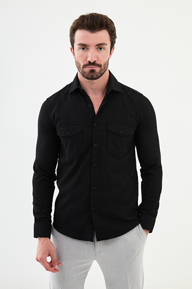 Striped Slim Fit Velvet Men's Shirt Black - 27004.24K