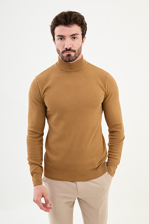 Textured Slim Fit Half Turtleneck Men's Knitwear Sweater Camel - 11500.24K