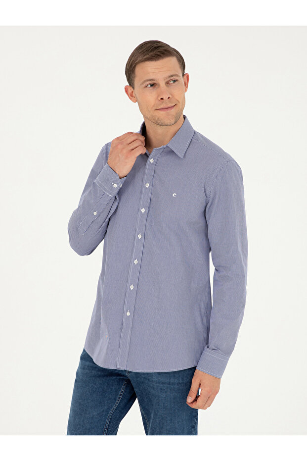 Navy Blue Slim Fit Cotton Striped Shirt 50291357-Vr033