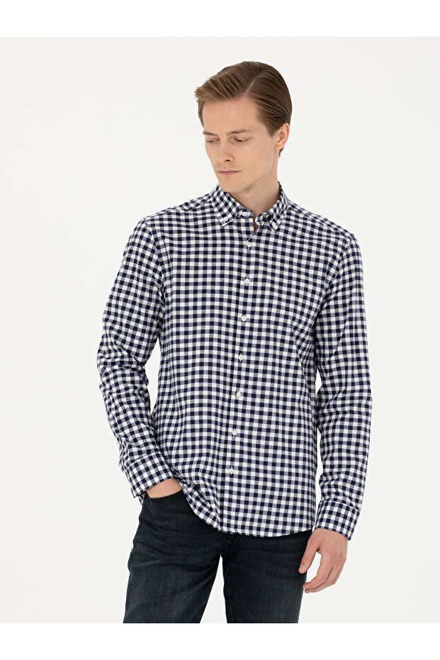 Navy Blue Slim Fit Long Sleeve Checkered Shirt 50276942-Vr033