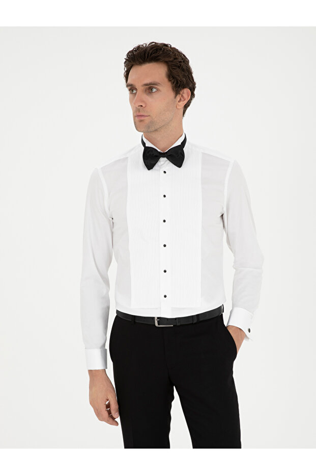 White Slim Fit Cuffed Cotton Blended Tuxedo Shirt 50287297-Vr013