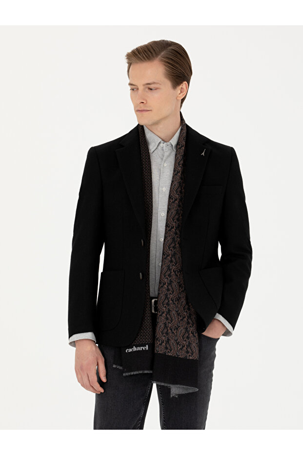 Black Slim Fit Wool Blended Sports Jacket 50270156-Vr046