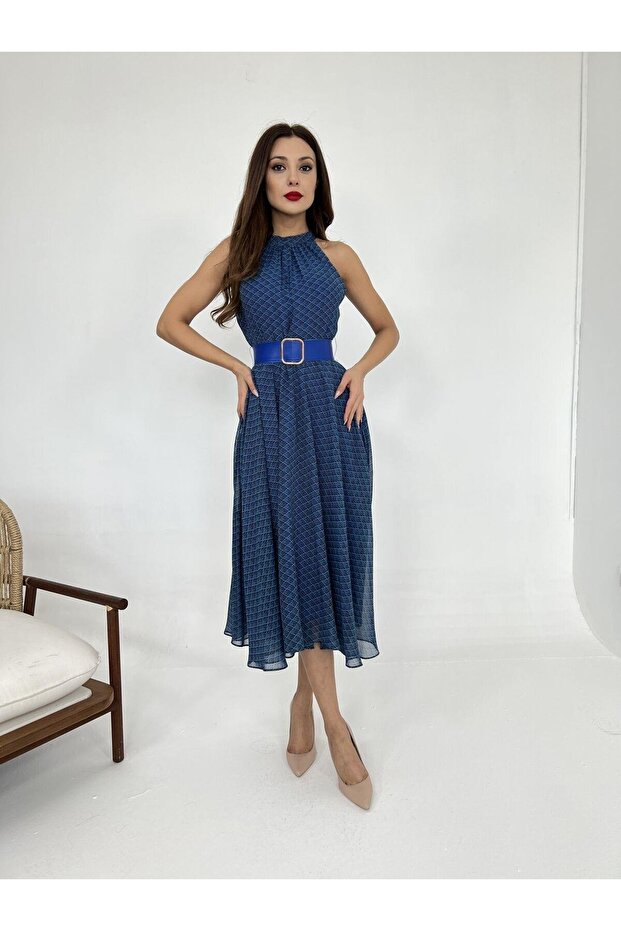 Seashell Patterned Halter Neck Flared Dress - 2