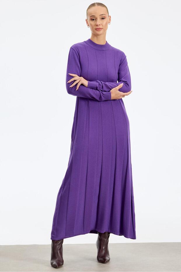 Kalın Piliseli Triko Elbise MOR - 2