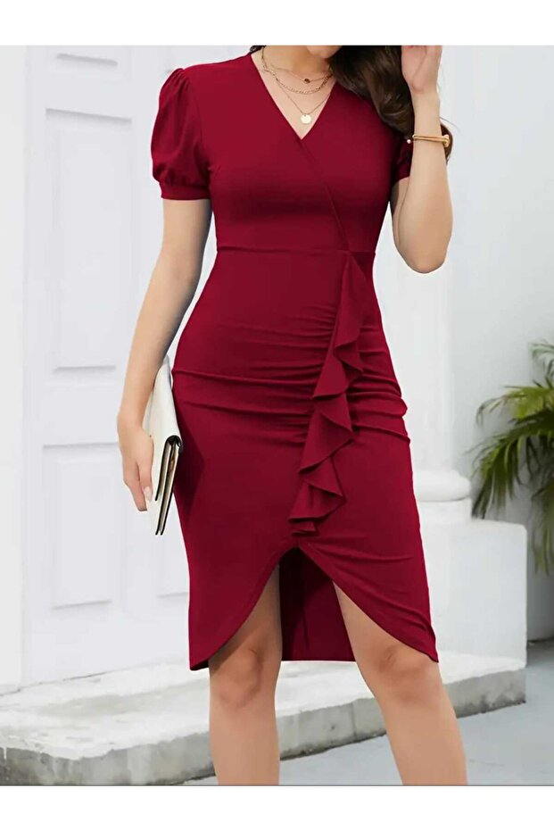 V KAKA YARIM KOLLU MİDİ KREP ELBİSE - 2