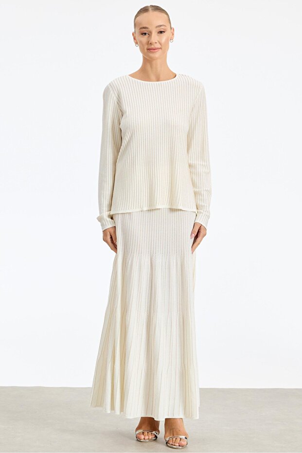 Ecru Color Glitter Skirted Rayon Suit