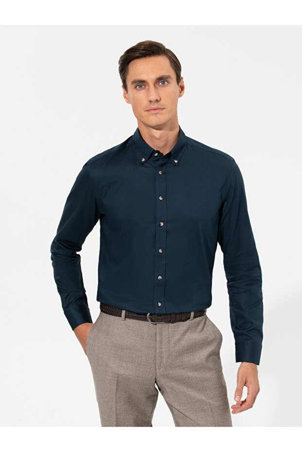 Navy Blue Slim Fit Long Sleeve Shirt 50250841-Vr033
