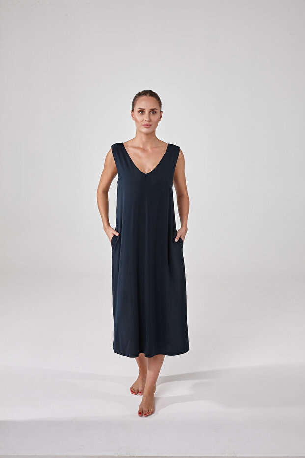 Women's V-Neck Sleeveless Dress with Pockets Navy Blue