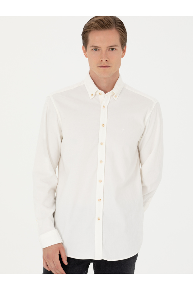Ekru Regular Fit Uzun Kollu Kadife Gömlek 50278523-VR019 - 1