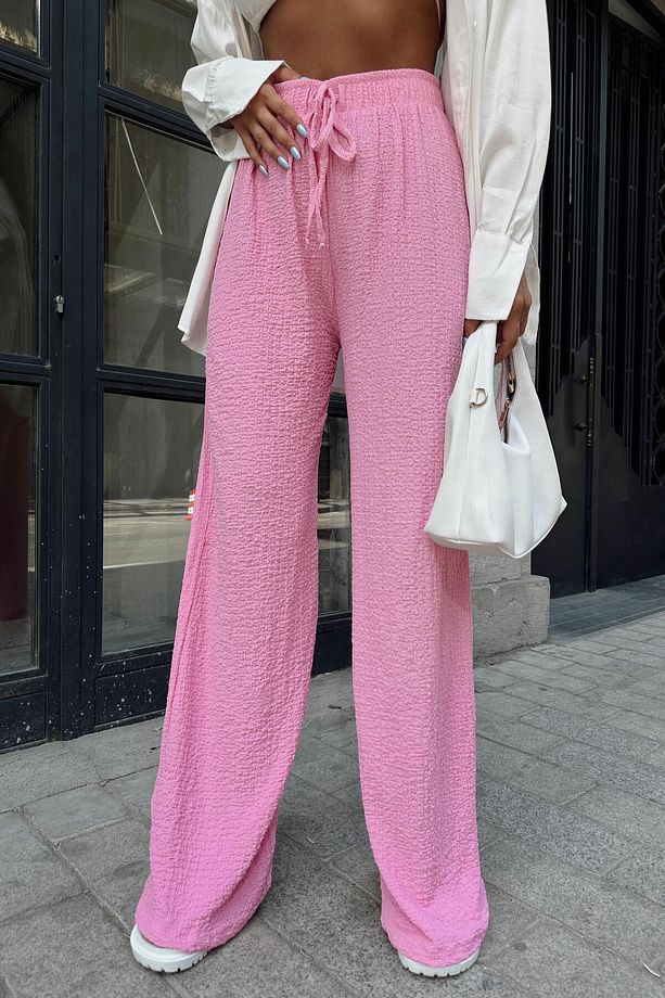 Elastik Belli Gofre Salaş Pantolon Pembe - 3