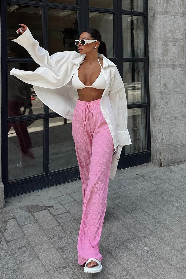 Elastik Belli Gofre Salaş Pantolon Pembe - 2