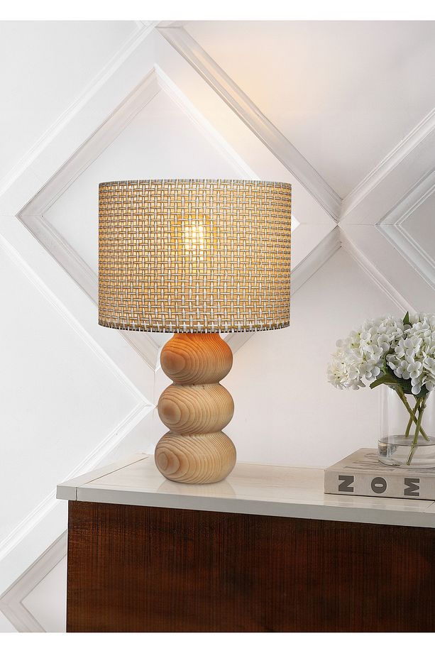 Ahşap Abajur Krem Hasır Desen Modern Şık Yatak Odası Salon Masa Lambası - 1