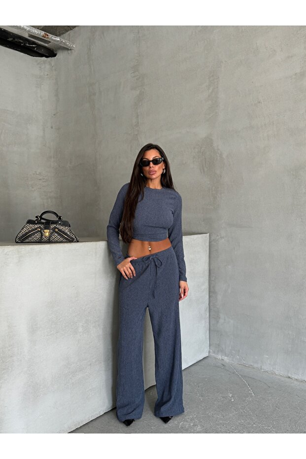 Crew Neck Gathered Blouse Trousers Set