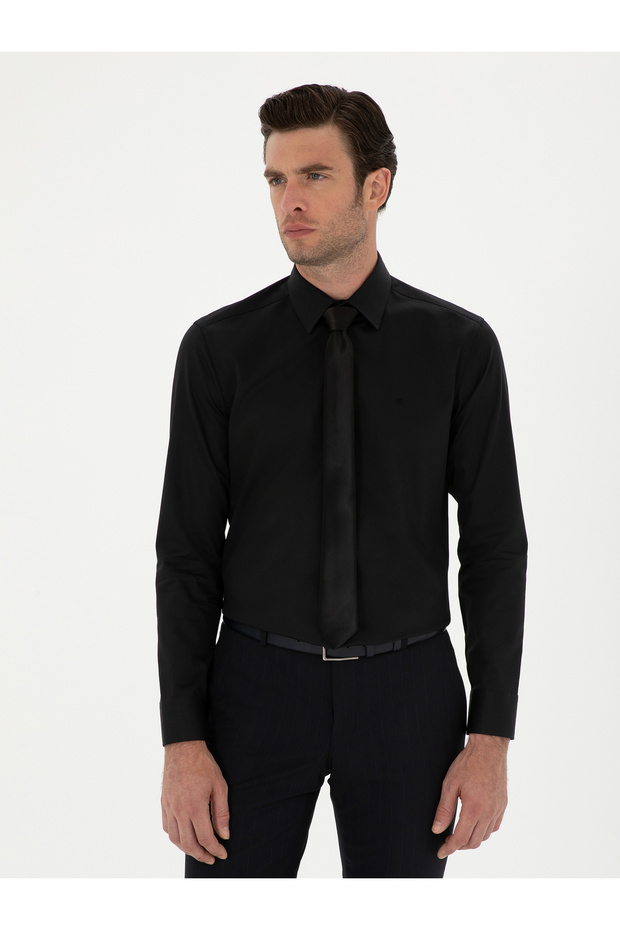 Black Slim Fit Cotton Classic Shirt 50285570-Vr046