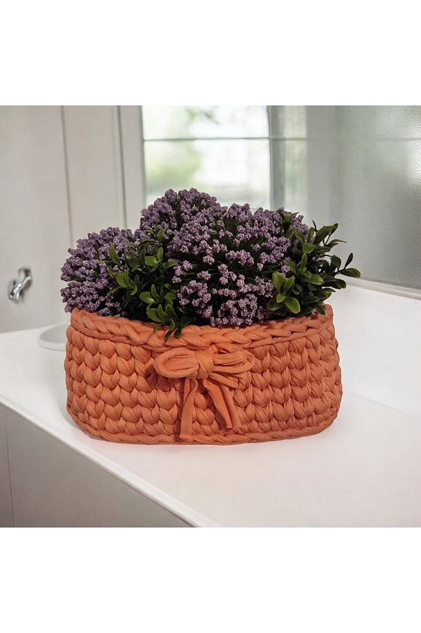 El Örgüsü Sepet Mercan Rengi Duvar Saksısı Mutfak Dekor Banyo Dekor Yapay Çiçekler Dahil - 5