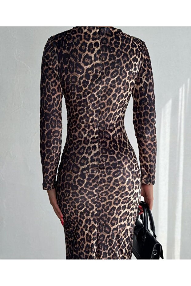 kadın Soft Touch Drape Detay Maxi Elbise leopar - 4