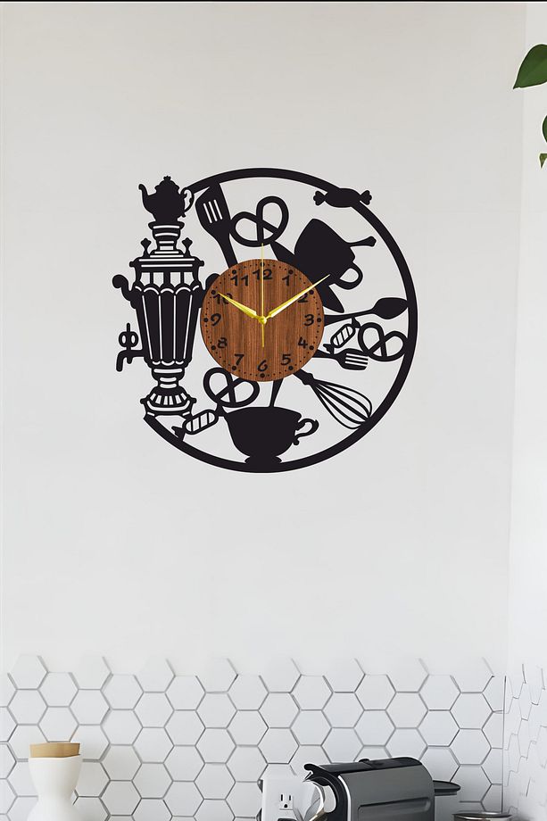 Cafe Duvar Saati Semaver Mutfak Saati- Ahşap Mutfak Duvar Saati 40cm - 1