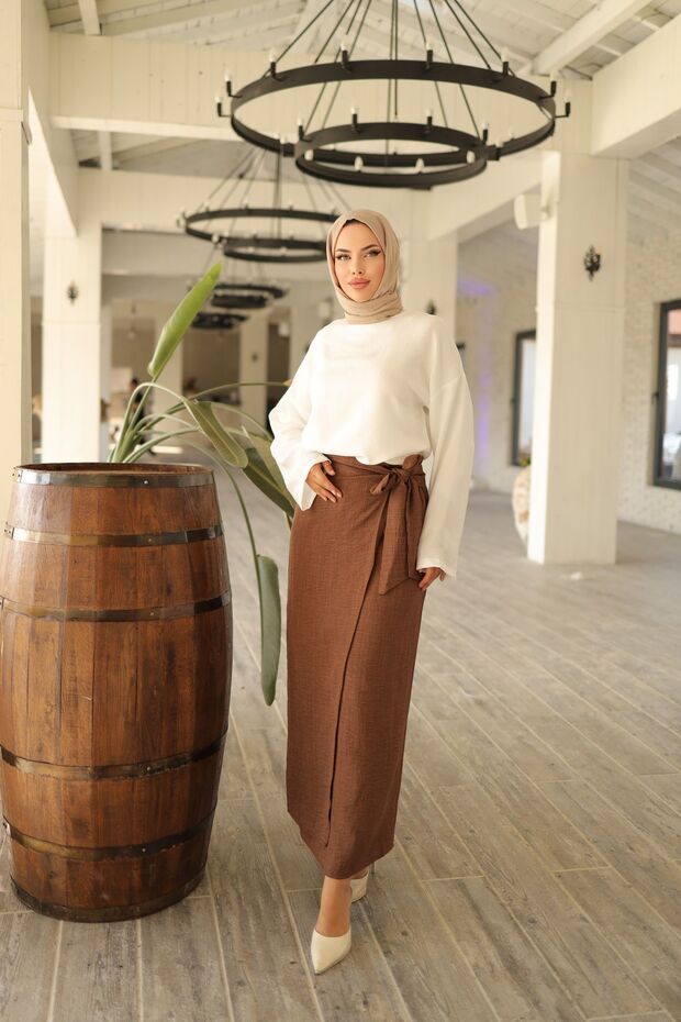 Side-Tie Linen Blend Brown Skirt with Lining Inside